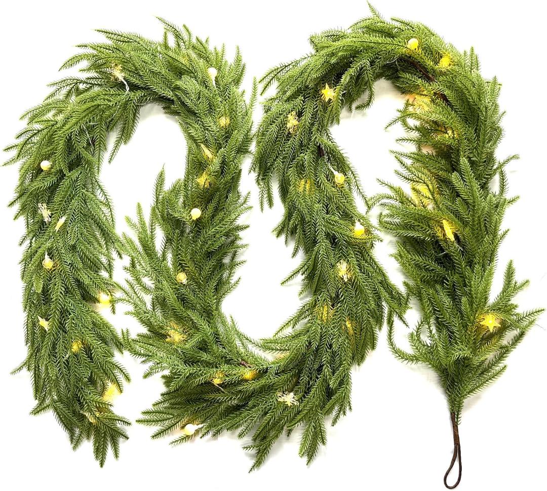 BNEAR 12FT(2 * 6FT) Christmas Garland with LED Lights - Artificial Norfolk Pine, Flexible & Pre-Lit Holiday Dcor for Indoor & Outdoor Use, Perfect for Mantel, Staircase, Front Door