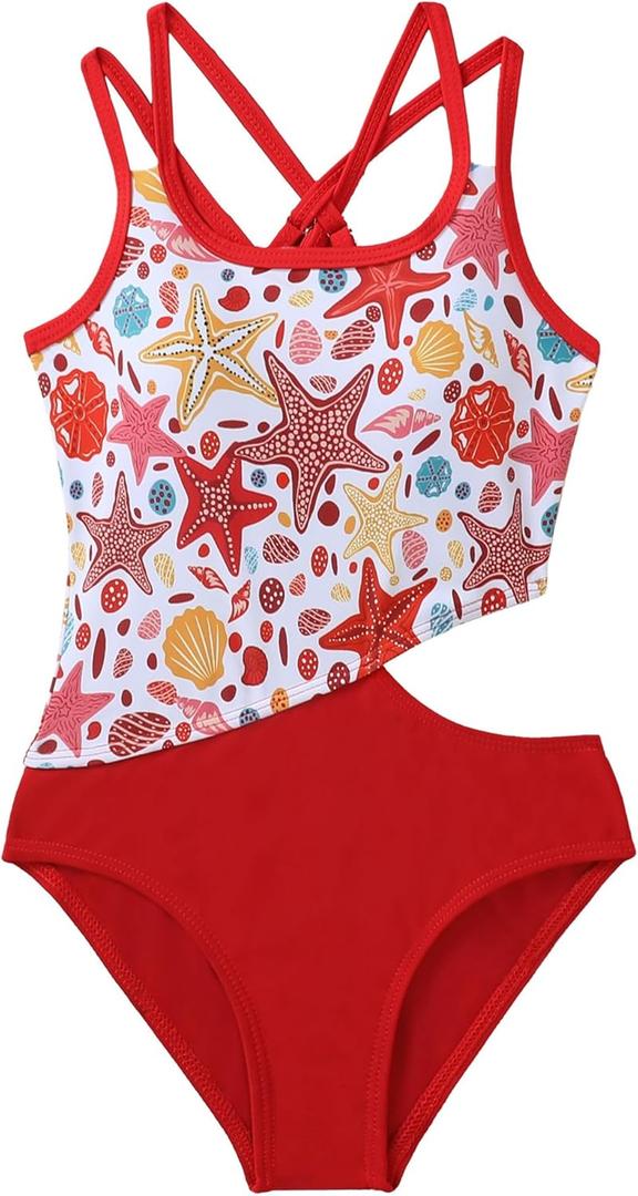 Girls One Piece Swimsuits Cute Bow Straps Flower Graphic Bathing Suits for Girls (9-10 Years, Red)