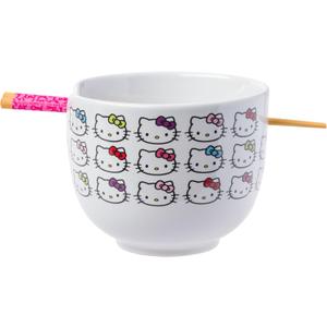 Silver Buffalo Sanrio Hello Kitty Face with Different Color Bows Pattern Ceramic Ramen Noodle Rice Bowl with Chopsticks, Microwave Safe, 20 Ounces
