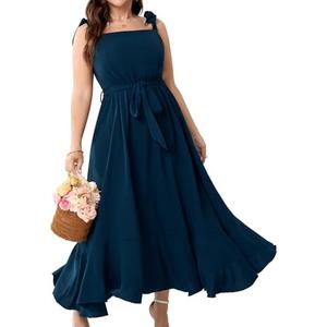 Plus Size Wedding Guest Dress Square Neck Ruffle A Line Elegant Bridesmaid Formal Cocktail Party Dresses for Women, Blue, 2XL