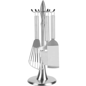 Kitchen Utensil Holder, 17 inch Stainless Steel Kitchen Countertop Utensil Holder with 6 Hooks, Rotating Storage Stand Rack for Spoon, Spatula, Soup Ladle