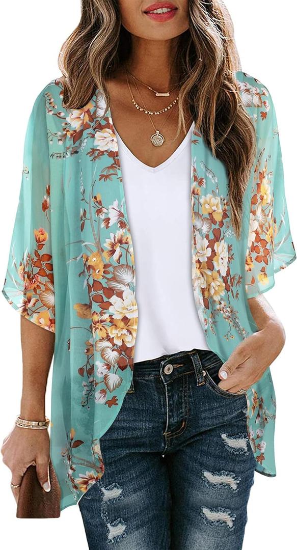 Women's Floral Print Puff Sleeve Kimono Cardigan Loose Cover Up Casual Blouse Tops (Medium, Aqua Blue)