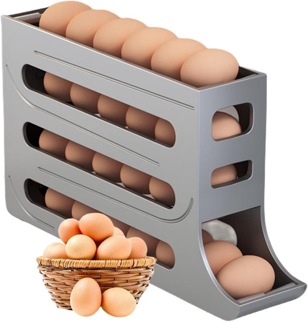 Egg Holder for Fridge, Upgrade 4 Tiers Egg Holder for Fridge, 28 Eggs Fridge Egg Rack Large Capacity Refrigerator Egg Trays, Space-Saving Automatic Egg Rolling Dispenser for Refrigerator (Grey)