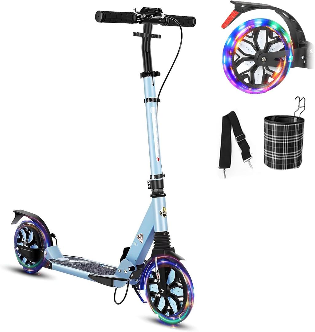 Commuter Adult Scooter 300 lbs Capacity, Big Wheels Scooters, Sport Folding Kick Scooter for Kids 10 Years and up, 4 Adjustable Levels, Bearing ABEC 9, 15 lbs (Blue)
