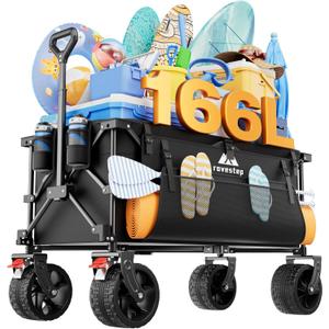 Heavy Duty Collapsible Beach Wagon with Big Wheels  All-Terrain Foldable Utility Cart, 166L Capacity, 450lbs Load Folding Wagon for Sand, for Outdoor, Gardening, Camping, Sports, and Grocery (Black)