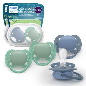 Philips Avent Ultra Soft Pacifiers - Orthodontic Design, for Babies 6-18 Months, Flexible Shield, Silicone Symmetrical Nipple, BPA-Free, 2 Sterilizing Cases, 4 Pack, SCF091/51 (blue)