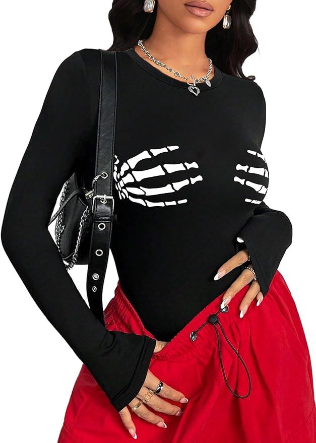 REORIA Skeleton Skull Print Long Sleeve, M