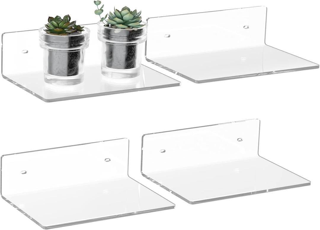 9 Inch Clear Wall Shelves, Acrylic Small Floating Shelf, Home Wall Display Shelf for Storage, Room Dcor, Space Saving, Items Organizer, Bathroom Organizer, 4 Pack