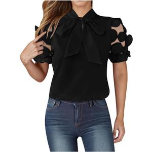 Womens Bow Tie Neck Lace Floral Mesh Tops Tuck in Blouse Short Sleeve Casual Dressy Work Business Office Shirts (M)