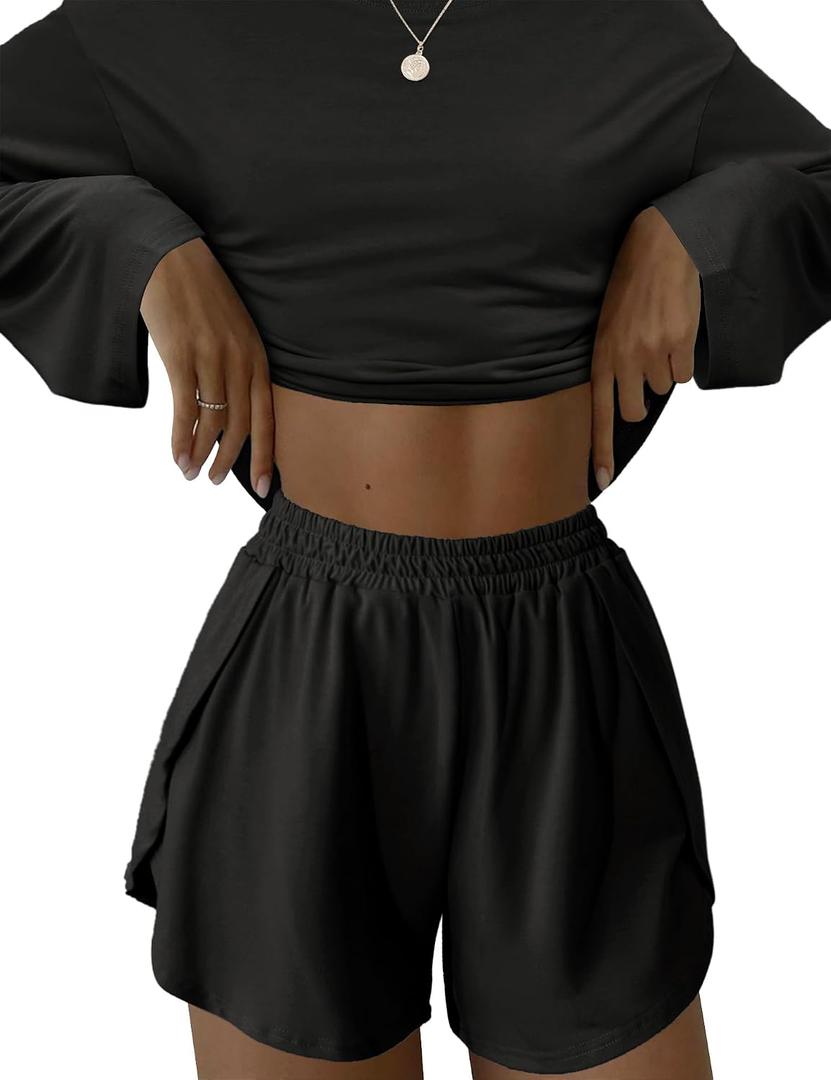 Kistore Womens 2 Piece Pajama Sets Long Sleeve Top and Shorts Sleepwear Pjs Lounge Matching Split Short Sets