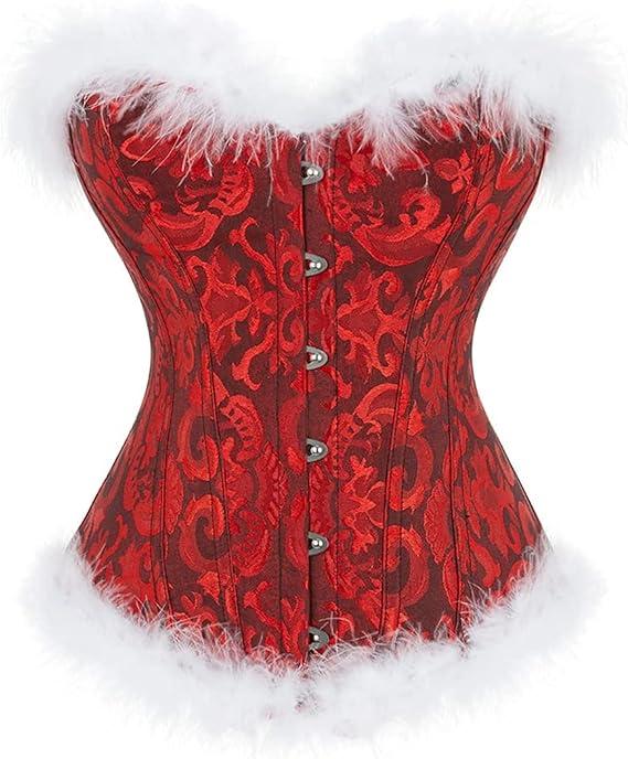 Women Christmas Corset Top Costume Lace Up Bodice Overbust Lingerie Santa Claus Bustier Body Shaper S