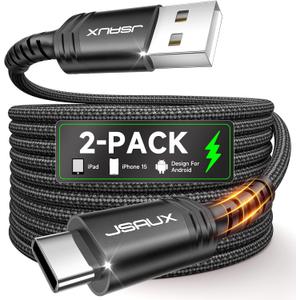 JSAUX USB C Cable [2-Pack 6.6ft], USB A to USB Cord 3.1A Fast Charging Compatible with iPhone 16/16 Plus/16 Pro/16 Pro Max/iPhone 16e/iPhone 15 Series, Samsung S20 S10 S9, Note 20 10, Car Play - Black