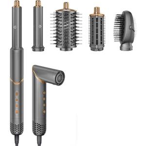 5 in 1 Hair Styler & Air Dryer Wrap Curler, High-Speed Negative Ionic Foldable Hair Tools Fast Drying, Multi Professional Hot Hair Styler for Curling Volumizing Straightening Styling (Grey/Gold)