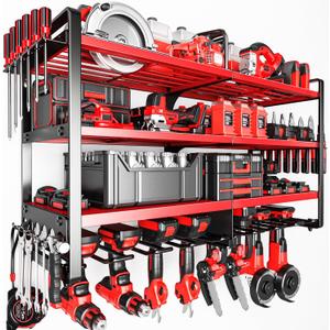 Upgrade Large power tool organizer Wall Mount,4 Layers Heavy Duty Metal Loads 400lbs Power Tool Hanger Shelf Battery Storage with 8 Cordless Drill Bit Holder, Utility Racks for Garage Tool Room (Red)