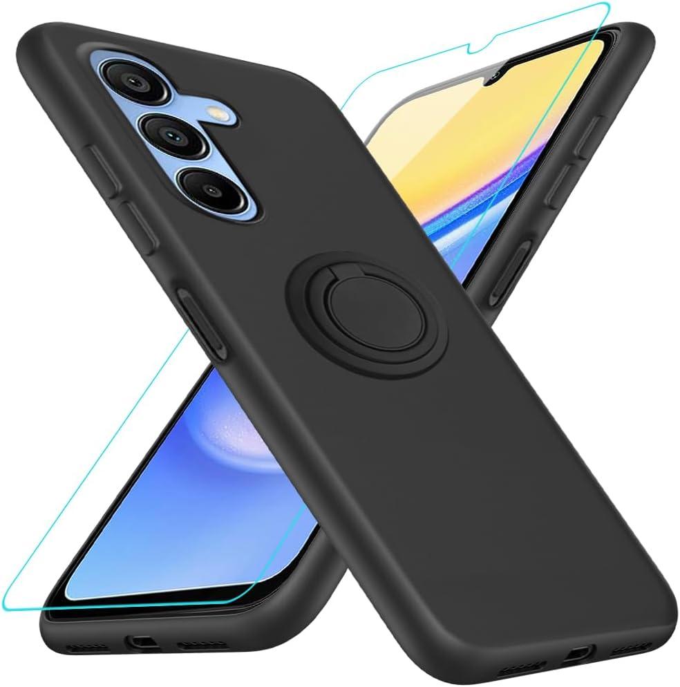 2 x Compatible with Samsung Galaxy A17 5G Phone Case with Screen Protector, 360 Rotatable Ring Holder Kickstand Silicone Shockproof Protective Phone Cover Case for Samsung Galaxy A26 5G 2024 - Black