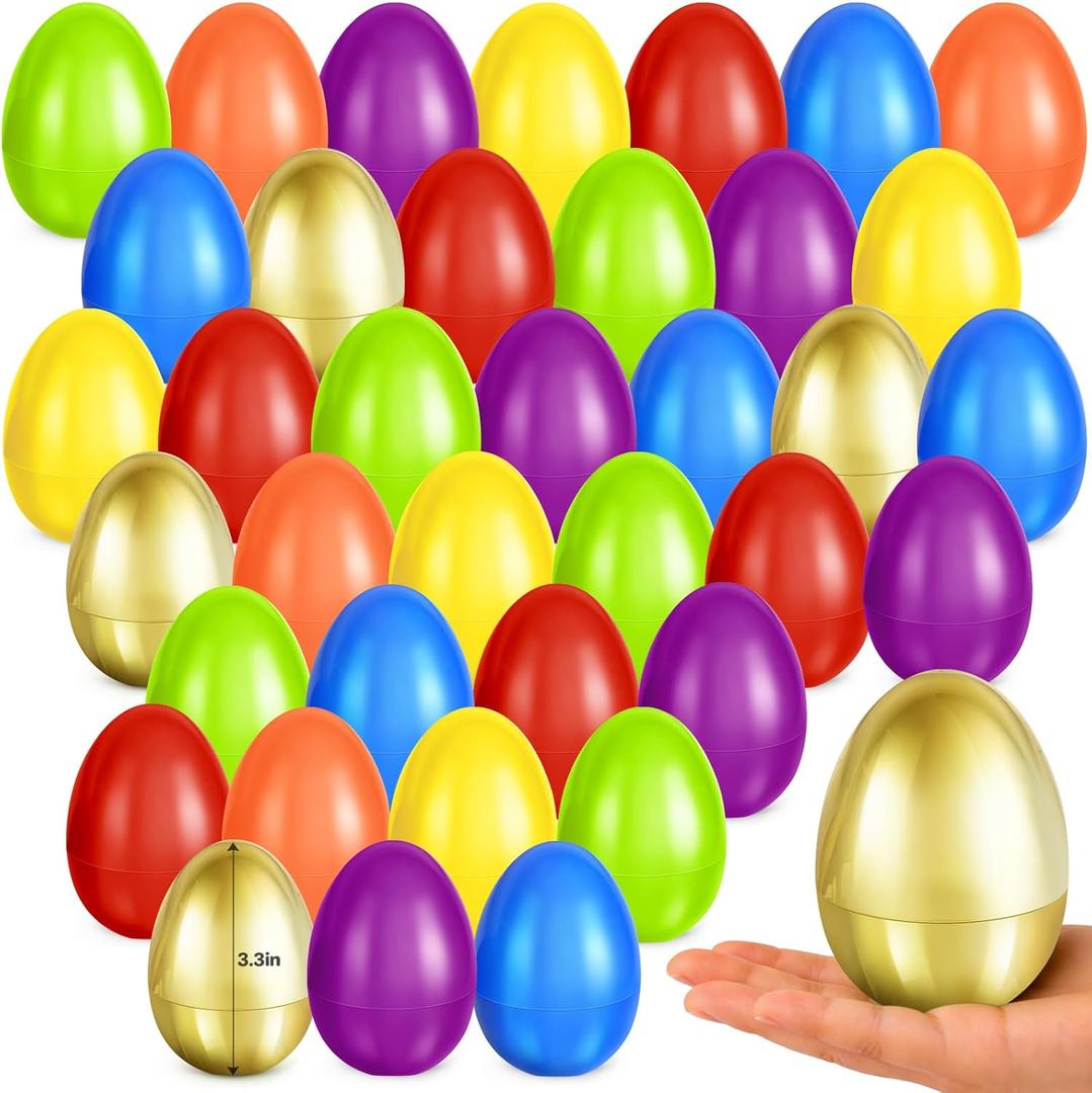 Shemira 3.5 Easter Eggs, 120 PCS Colorful Eggs Plus 8 Golden Eggs for Kids, Large Plastic Empty Eggs Fillable with Candy Treats for Easter Hunt, Easter Basket Stuffers Fillers, Party Favors Decor