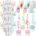 Yaomiao Smile Face Sipper Cups with Straws and Lids, 12 oz Clear Plastic Cups Happy Face Party Cups with Dome Lids Happy Party Favors for Kids, Tea, Coffee, Smoothie, Cold Drinks(32 Pack)
