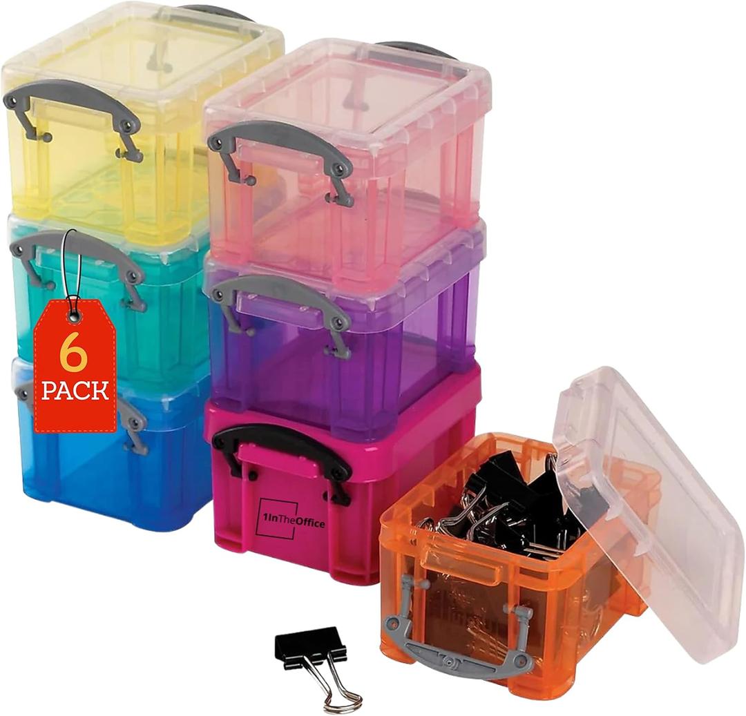 1InTheOffice Stackable Crayon Storage Box, Plastic Container With Lids, 0.14 Liter, Assorted Color, 6 Pack
