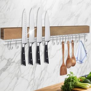 23 Inch Magnetic Knife Holder for Wall - Pailexin Wooden Magnet Knife Strip No Drill with 15 Hooks/Adhesive Tape/Screws, Kitchen Utensil Holder, Magnetic Knife Organizer, Wall Mounted Knife Storage