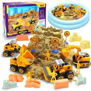 Play Construction Sand Kit,2.2lbs Magic Sand W/4 Large Take Apart Construction Trucks,1 Sandbox,8 Worker Figures and Road Signs,8 Molds,Toys for 2-8 Years Old Boys Girls