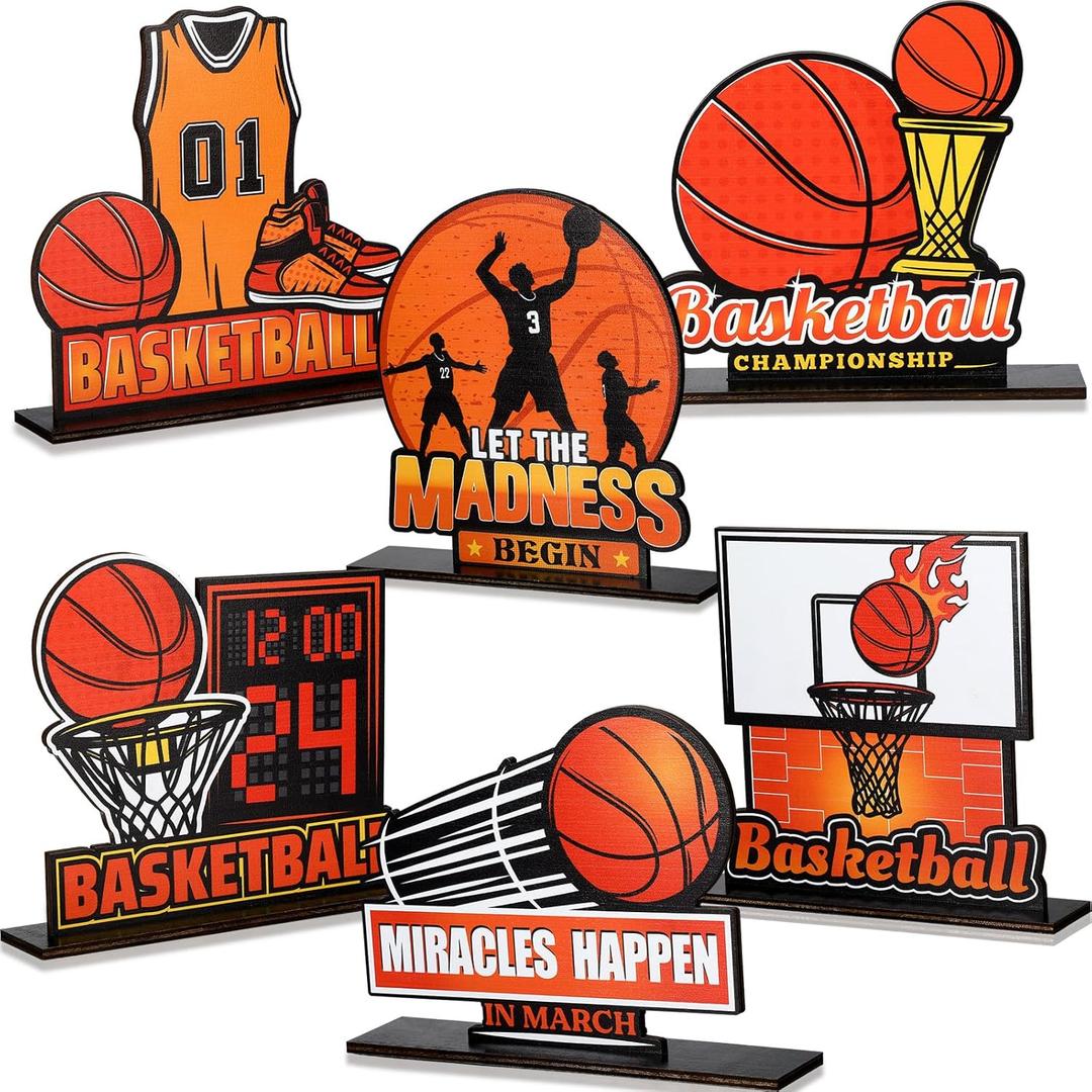 Yousoontic 6 Pieces Basketball Wooden Table Decorations Basketball Birthday Party Centerpieces Decorations Sign Wooden Ornaments for Birthday Baby Shower Sports Madness Party Supplies