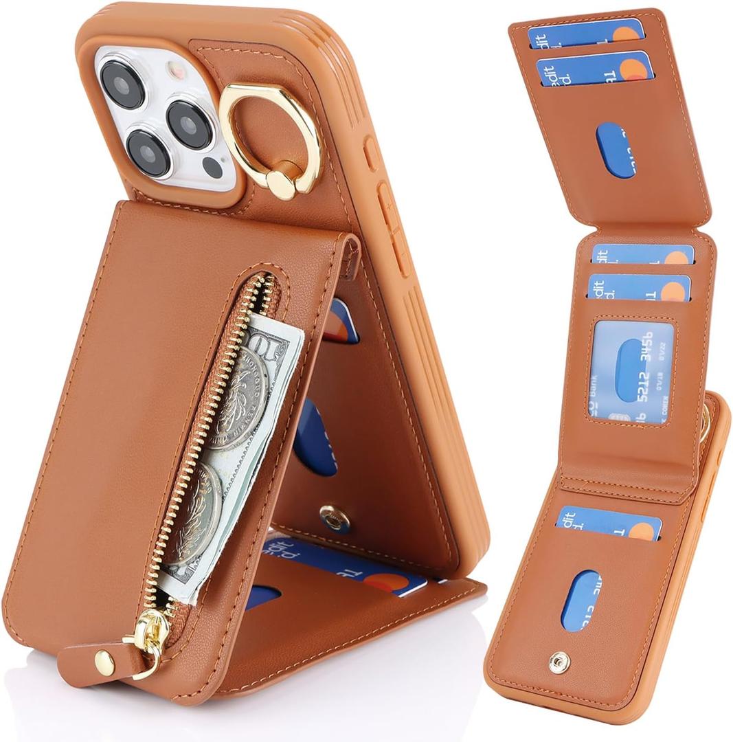 for iPhone 15 pro Case with Card Holder for Women, for iPhone 15 pro Phone Case Wallet with Strap Credit Card with Kickstand Zipper Case - Brown