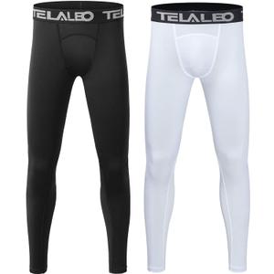 TELALEO 1/2/3/4 Pack Boys' Youth Compression Leggings Pants Tights Athletic Base Layer for Running Hockey Basketball (X-Large, Black+white (2pcs)