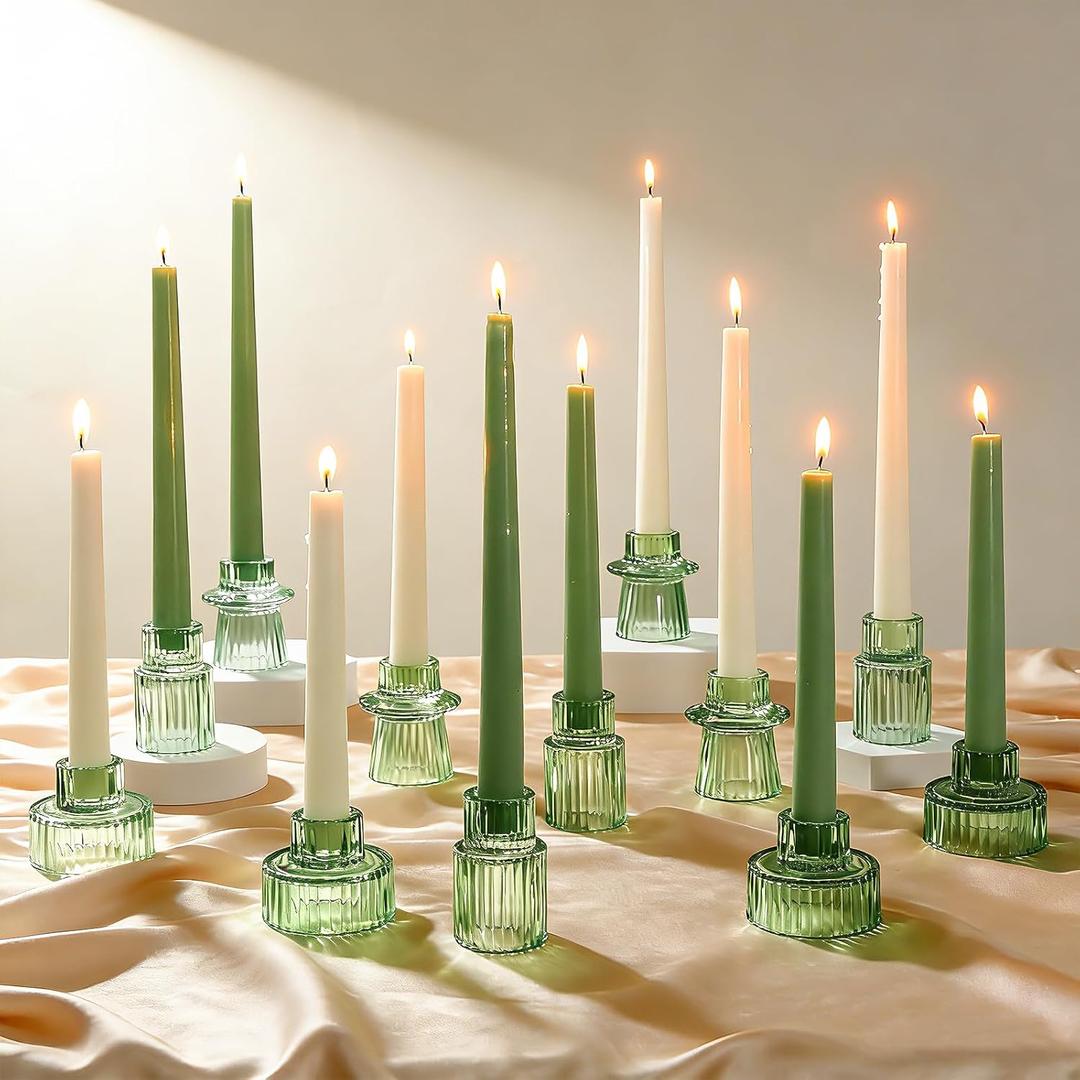 Vintage Ribbed Green Glass Candle Holders Set of 12, 3 Assorted Sizes for Pillar, Tealight & Votive Holders, Elegant Glass Candlestick Holders for Table Centerpiece Wedding Christmas Decor