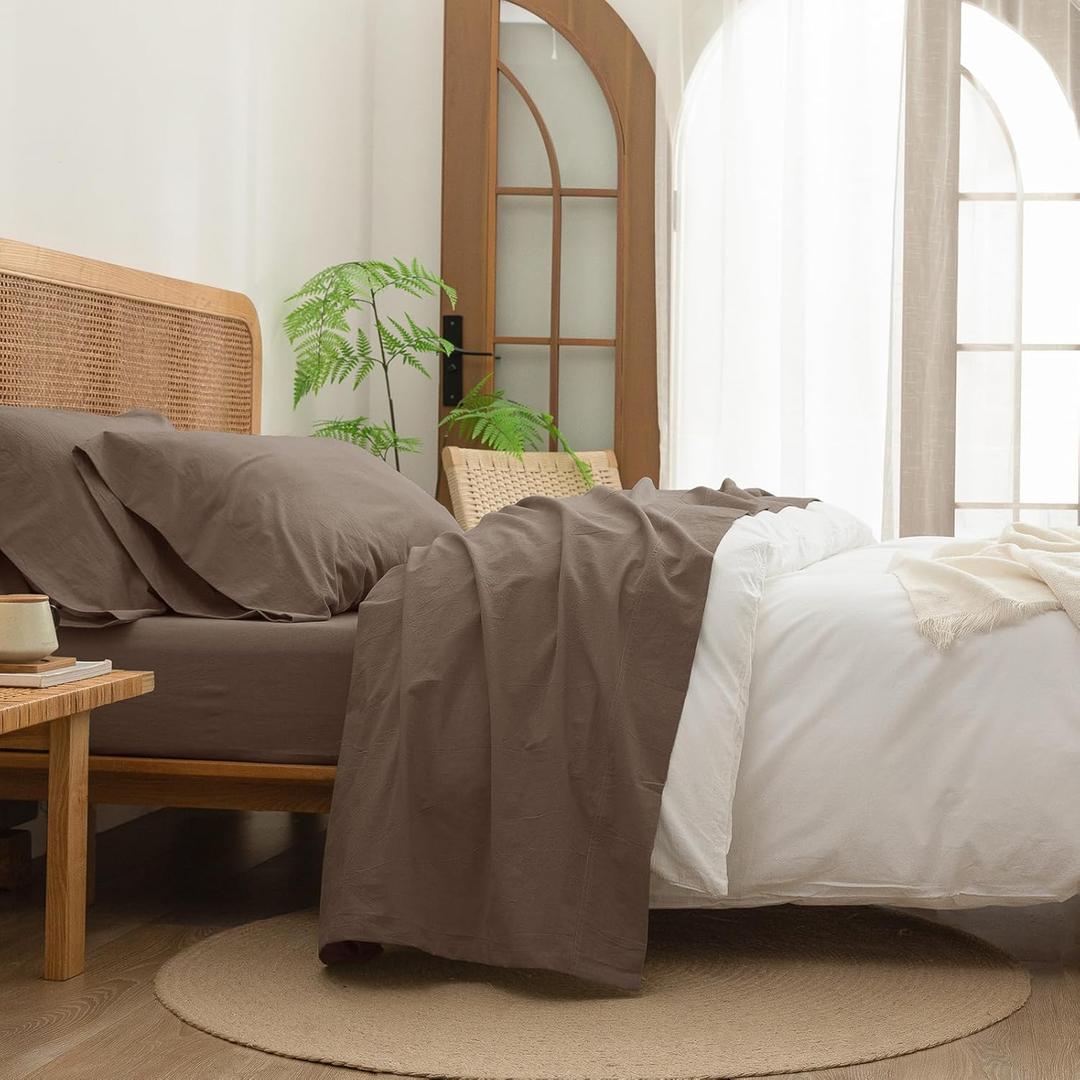 BESTOUCH Sheet Set 100% Washed Cotton Linen Feel Super Soft Comfortable Chic Lightweight 3 Pcs Home Bedding Set Solid Pine Bark Brown Twin