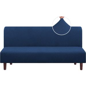 PrinceDeco Stretch Armless Futon Cover Futon Slipcover Full Queen Size Futon Couch Cover Futon Sofa Cover Futon Bed Cover Furniture Protector with Elastic Bottom, Checked Pattern Jacquard, Navy