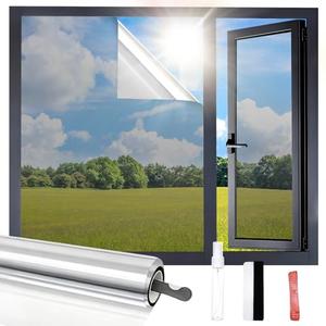 One Way Privacy Window Film, Static Cling Reflective Sun Blocking Tint for Home, Daytime Mirror Privacy & Heat Control Glare Reduction, No Residue with Installation Kit (Silver, 17.5 x 78.7 Inch), Pack Of 2