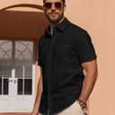 Alimens & Gentle Mens Short Sleeve Cotton Linen Texture Shirt Casual Untucked Button Down Lightweight Shirts Summer Beach (Black, XL)
