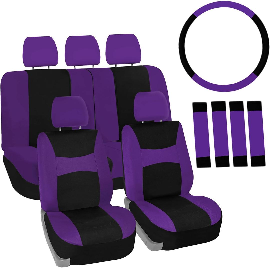 FH Group Full Set Car Seat Covers Cloth, Universal Fit combo, Set with Steering Wheel Cover and Seat Belt Pad fits Most Cars, SUVs, Trucks Purple