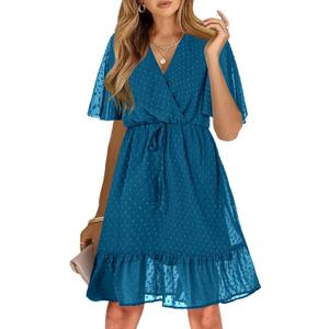 KIRUNDO Women's Summer Dresses 2025 Casual Short Sleeve V Neck Ruffle Floral Print High Waist Flowy Mini Dress with Belt (Large, Style2-lake Blue)