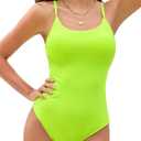 ZAFUL One Piece Bathing Suit for Women Ribbed Open Back Swimsuit Scoop Neck Cheeky Monokini Swimwear Fluorescent Green, Small