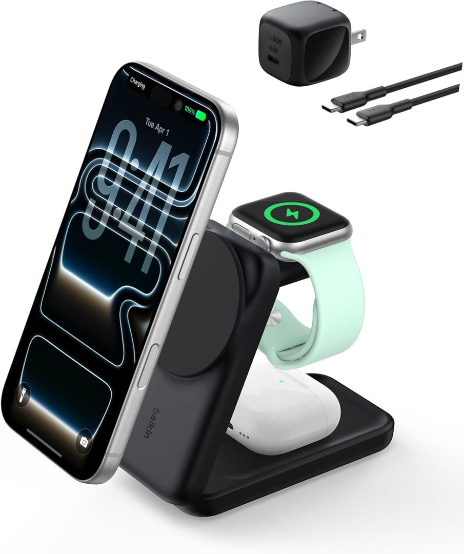 Belkin MagSafe Charger Compatible, 3-in-1 Charging Station, Qi2.2 25W Magnetic Wireless Charger Dock, Foldable Charging Stand for iPhone 17/16/15, Apple Watch, AirPods, Pixel 10 (45W Adapter Included) (Black)