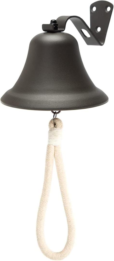 Black Hanging Dinner Bell with Outdoor Mount, Indoor Use, Nautical/Door/Church Design, Rope Included