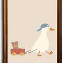 Framed Funny Goose Pulling Toy Wall Decor Pictures Nursery Artwork Print | Kids Room Cute Duck Painting Print Farmhouse Animal Artwork Posters for Playroom Bedroom Ready to Hang 16x24in