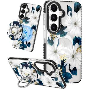 Lotadilo Cute Case for Samsung Galaxy S26 for Women Girls - Funny Blue Flower Design Compatible with Magsafe Magnetic Ring Holder Kickstand Fashion TPU Phone Covers