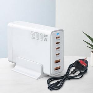 200W 6-Port USB C Charger with Notched Base, Multiple with 4 USB-C and 2 USB-A, US Fast Charger PD 3.0 Power Adapter, Power Supply Compatible with iPhone 17 16 Pro/Pro Max, UK Plug