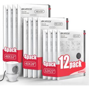 IDEATECH 12Pack Vacuum Storage Bags with Electric Pump, Jumbo Vacuum Seal Bags for Clothing, Bedding & Blankets, Heavy Duty Compression Space Saver Bags with Airtight Seal, Seasonal Storage-4M+4L+4XL