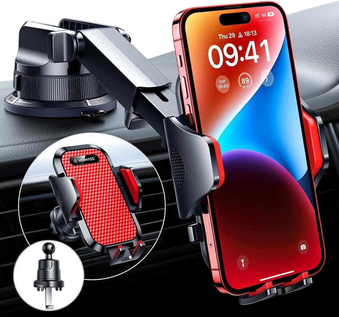 VANMASS [True Military-Grade] Car Phone Holder [Best Suction & Clip] Cell Phone Mount for Dashboard Windshield Vent Truck Cradle Dash Stand for iPhone 15 Pro Max 14 13 12 Android, Red