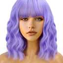 FREEMEIGE Purple Short Bob Wavy Wig with Bangs for Women Loose Curly Shoulder Length Synthetic Cosplay Wig Bob for Girl Colorful
