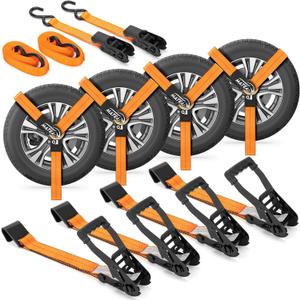 Car Tie Down Straps for Trailers, 1000 lbs Break Strength with Flat Hooks, Lasso Style-4 Pack 2" x 96" Heavy Duty Ratchet Straps, 2 Pack 1" x 15' Cargo Straps,Utv Tie Down Straps Over The Wheel