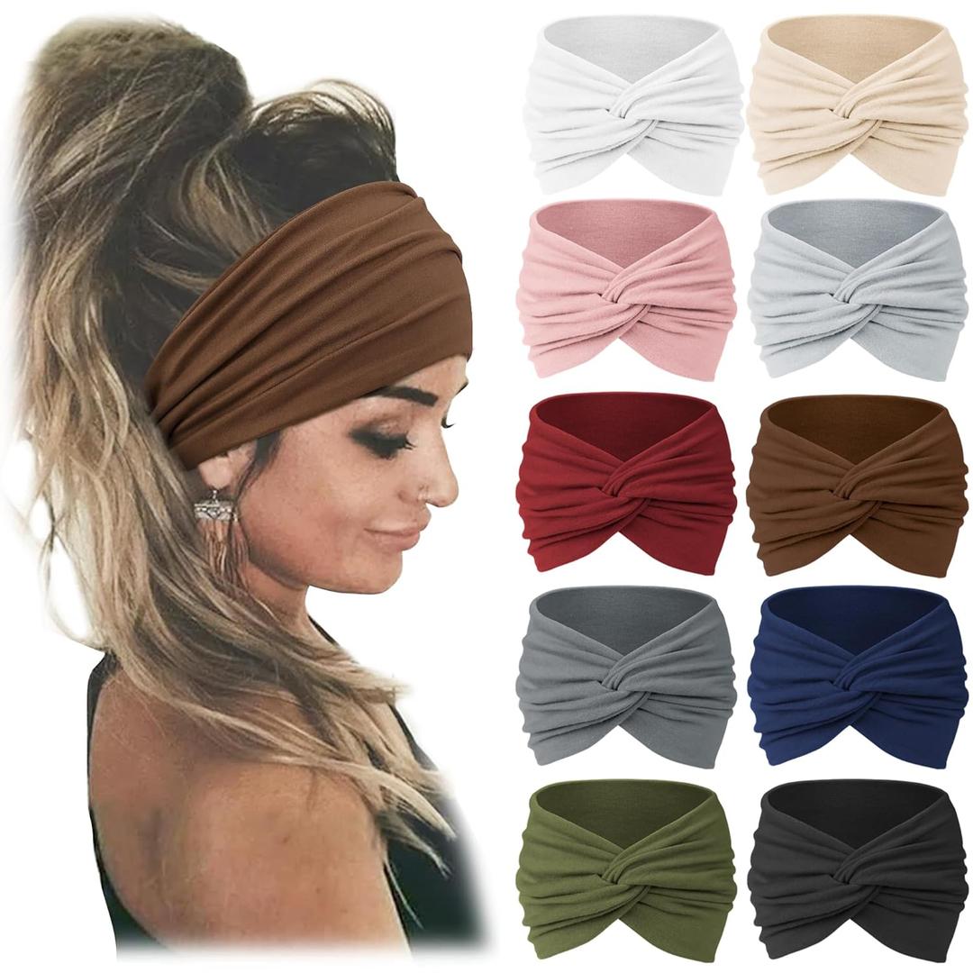 Jesries 10 PCS Women Headbands African Wide Hair Wrap Extra Turban Head Bands for Lady Large Sport Workout Stretch Non-slip Big Hair Bands (Brown)