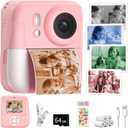 Kids Camera Instant Print Color Photos, Dual-Lens Instant Print Camera for Kids, Toddler Portable Travel Digital Camera Toy for 6 7 8 Year Old Boys Girls Christmas Birthday Gifts 64GB Card (Pink)