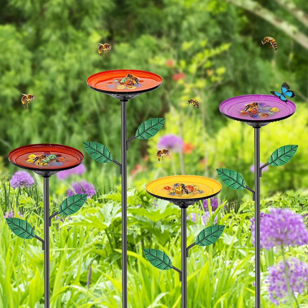 4 Pack Bee Watering Stations, Bee Cups for Garden with 40PCS Glass Marbles,Colorful Bee Butterfly Bath Bowl Waterer, Metal Bee Water Feeder for Outdoor Yard Courtyard Decor (4Pcs-Circular Disk)