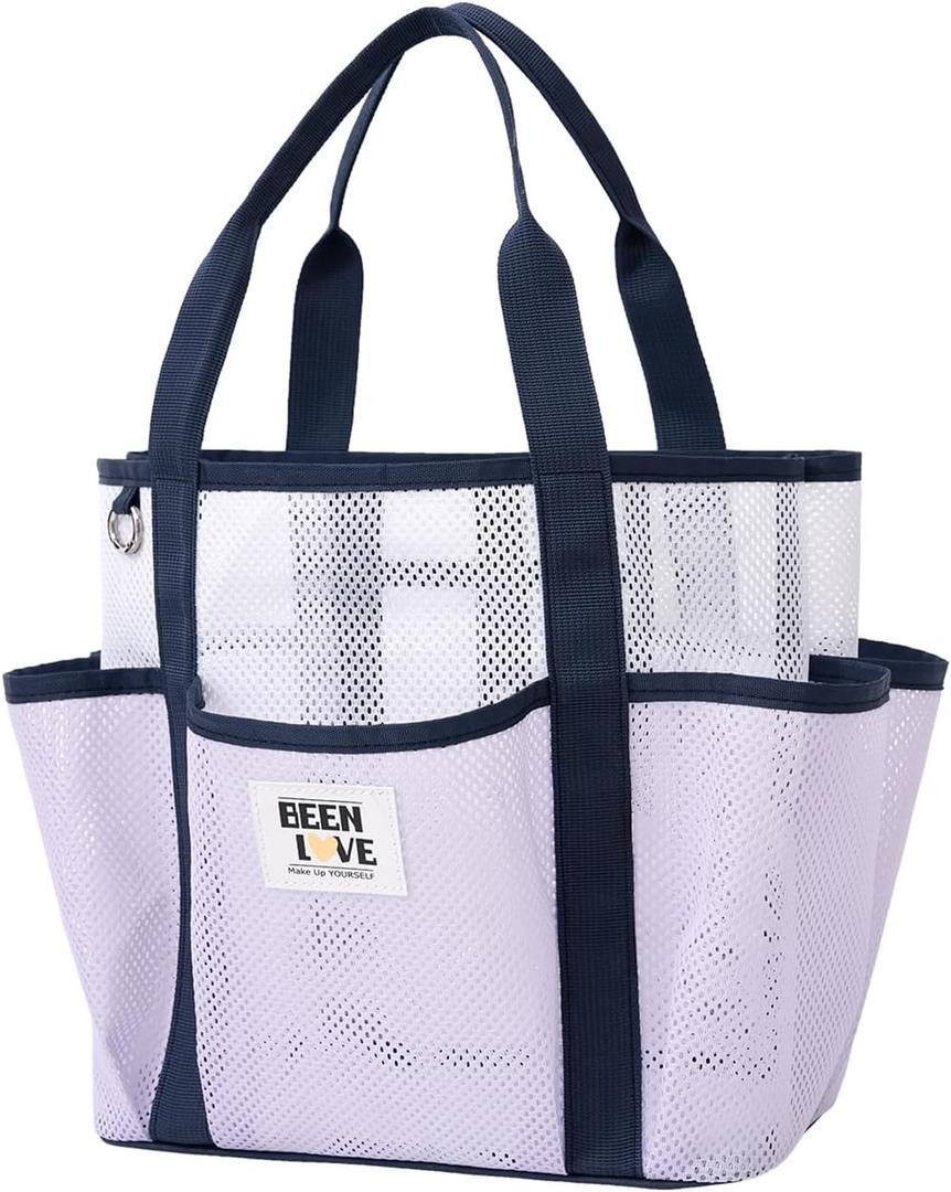 Mesh Beach Bag for Women Small Beach Tote Bag Sandproof Foldable Swim Pool Bag with 8 Pockets for Travel (Purple)