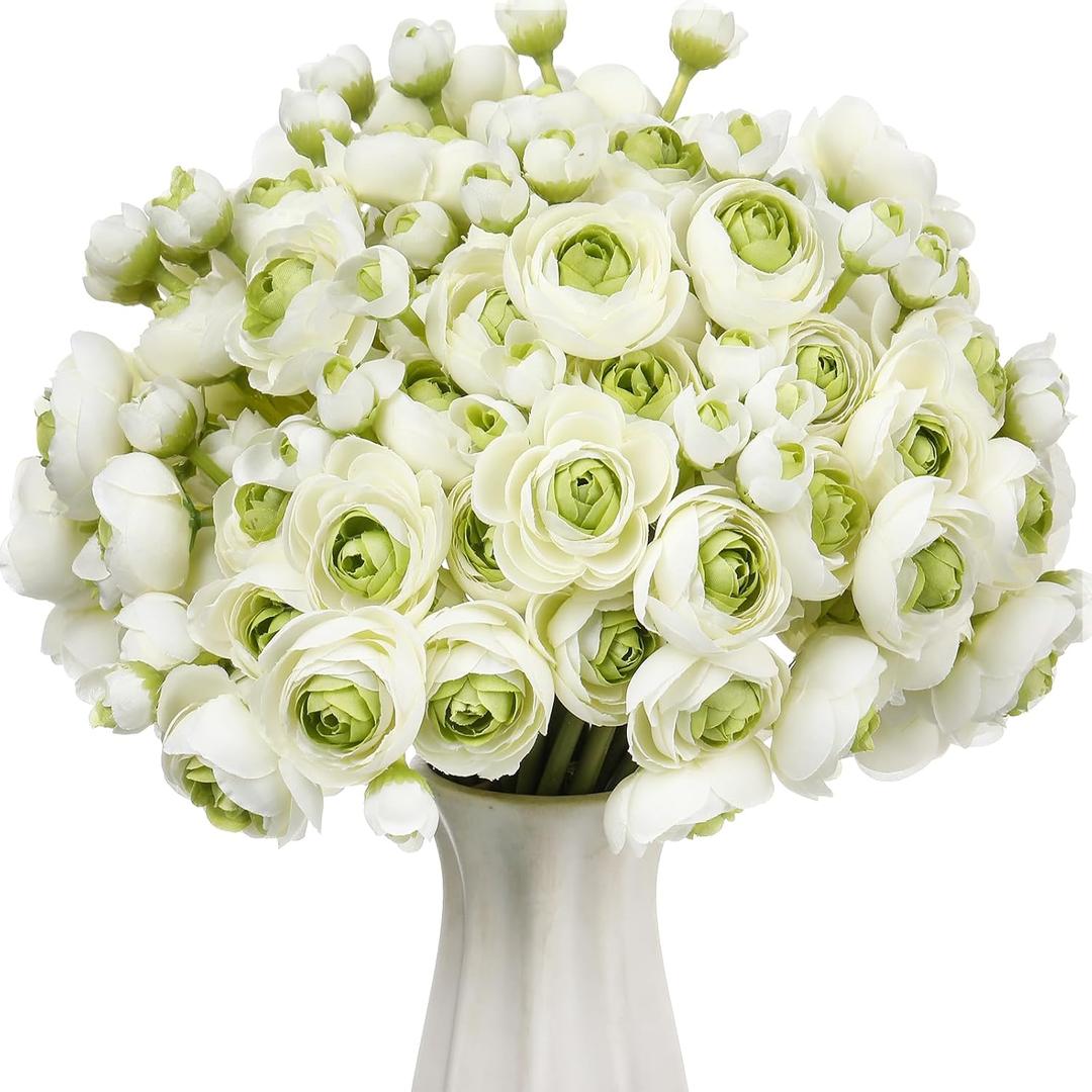Giegxin 48 Pcs Ranunculus Artificial Flower, Real Touch Peonies Artificial Flower Silk Faux DIY Bouquet for Wedding Bridal Shower Valentine Centerpieces Arrangements Home Decorations(White, Green)