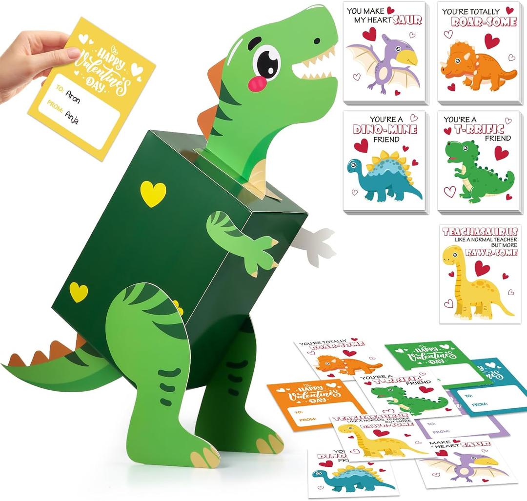 5 x Dinosaur Valentines Day Box and Cards for Kids School, Valentines Day Gifts for Kids with Valentine Dino Card for Classroom Exchange, Party Favor (1 Dinosaur Box, 32 Valentine Cards, 1 Teacher Card)